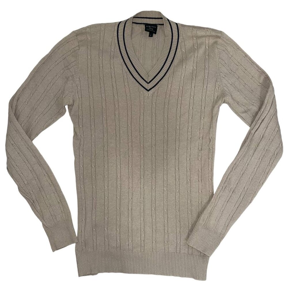 V Neck Cable Linen/Cotton Knit Long Sleeve Sweater